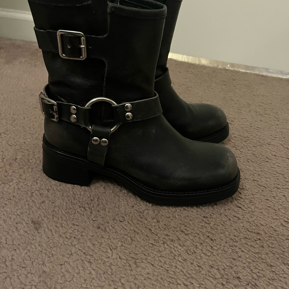 Brixton Black Combat Moto Boots with Silver Buckles